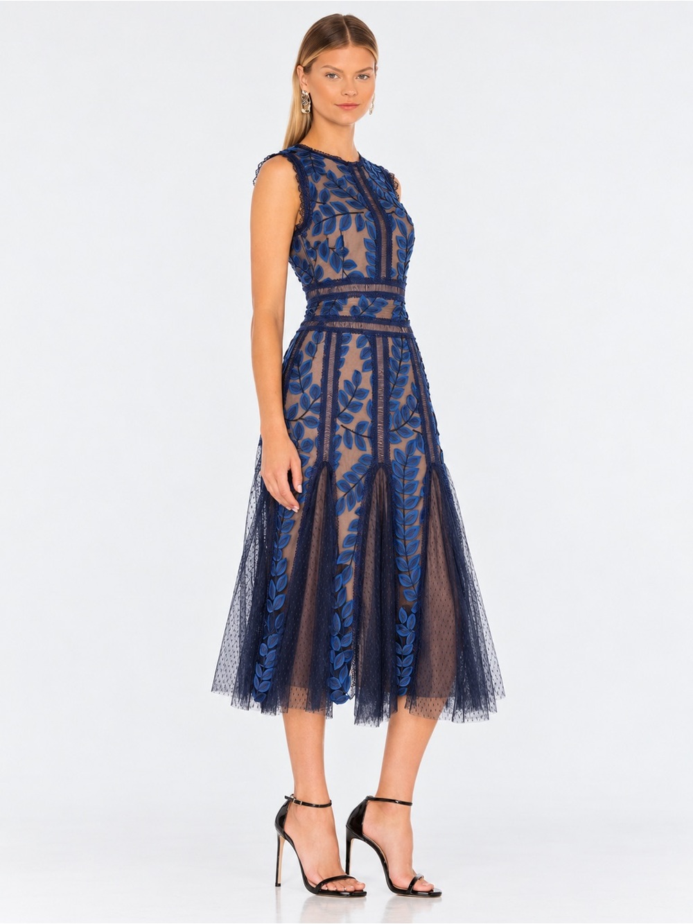 Bronx and Banco Saba Embroidered Midi Mesh Dress in Navy Size 4